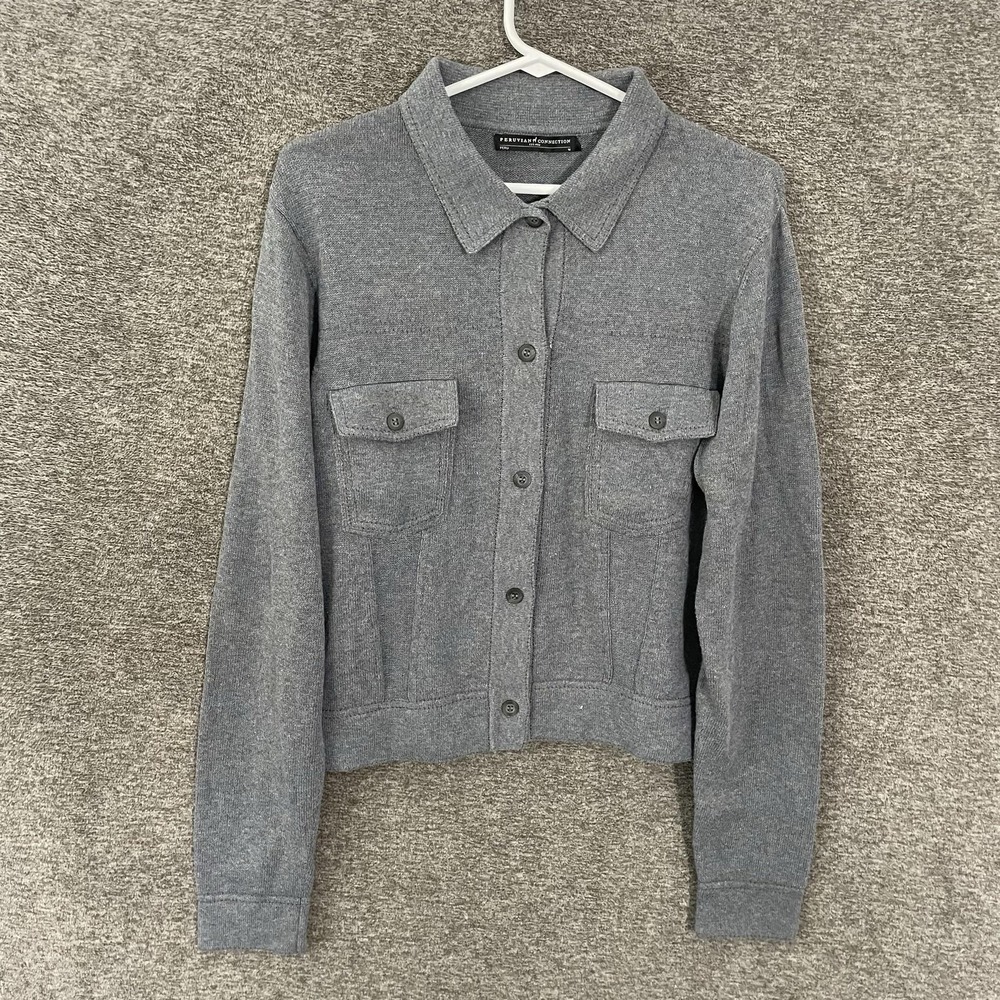 Peruvian Connection Cardigan Sweater Womens Medium Gray Pima Cotton Collared
